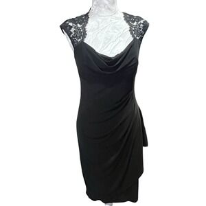 Vintage Cache Sz 6 Midi Black Dress Lace Shoulders Open Back Ruched Sexy Party